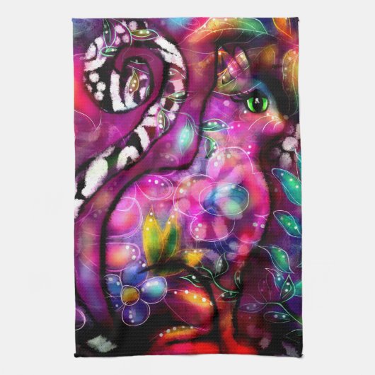 抽象芸術お洒落キティ猫フローラレッドグリーンピンク キッチンタオル (縦)