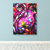 抽象芸術お洒落キティ猫フローラレッドグリーンピンク キャンバスプリント (インサイチュ (ウッドフロア))