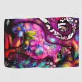 抽象芸術お洒落キティ猫フローラレッドグリーンピンク ゴルフタオル (横)