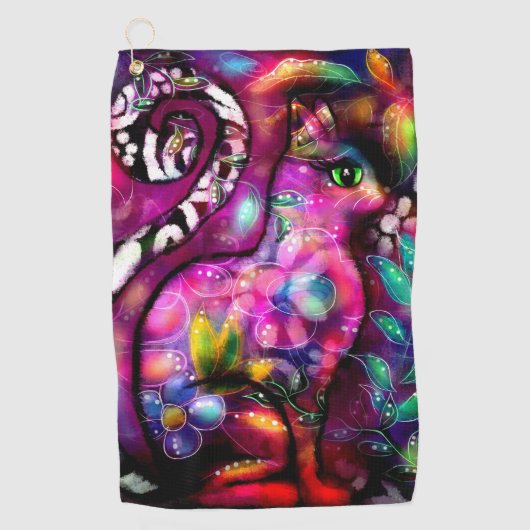 抽象芸術お洒落キティ猫フローラレッドグリーンピンク ゴルフタオル (正面)