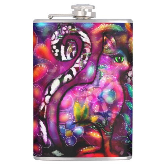 抽象芸術お洒落キティ猫フローラレッドグリーンピンク フラスク (正面)