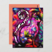 抽象芸術お洒落キティ猫フローラレッドグリーンピンク ポストカード (正面/裏面)