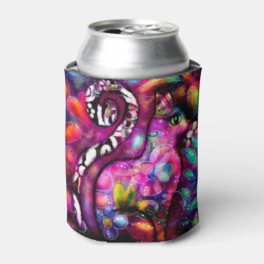 抽象芸術お洒落キティ猫フローラレッドグリーンピンク 缶クーラー (缶正面)