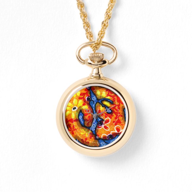 抽象芸術お洒落コイゴールドフィッシュオレンジブルーフローラ 腕時計 (正面)