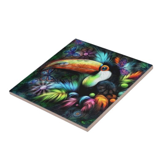 抽象芸術お洒落トゥーカンバードトゥーカンティール(緑がかった色)オレンジ タイル (側面)