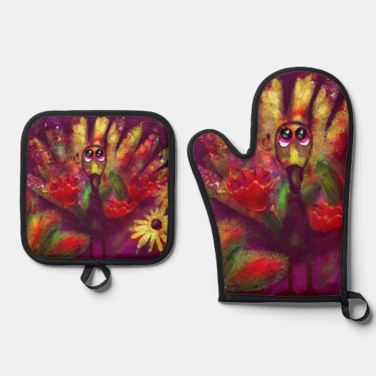 抽象芸術お洒落トルコフローラ赤黄 鍋つかみ&鍋敷きセット (正面)