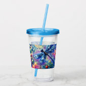 抽象芸術お洒落ドラゴンフライフローラティール（緑がかった色）ブルーピンク アクリルタンブラー (裏面)