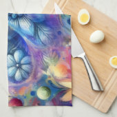 抽象芸術お洒落ドラゴンフライフローラティール（緑がかった色）ブルーピンク キッチンタオル (四つ折り)