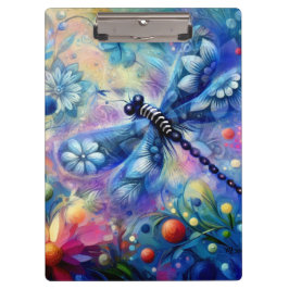 抽象芸術お洒落ドラゴンフライフローラティール（緑がかった色）ブルーピンク クリップボード