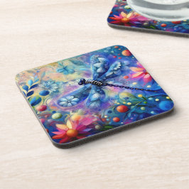 抽象芸術お洒落ドラゴンフライフローラティール（緑がかった色）ブルーピンク コースター