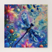 抽象芸術お洒落ドラゴンフライフローラティール（緑がかった色）ブルーピンク ジグソーパズル (横)