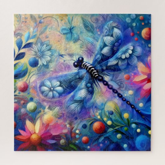 抽象芸術お洒落ドラゴンフライフローラティール（緑がかった色）ブルーピンク ジグソーパズル (縦)