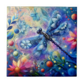 抽象芸術お洒落ドラゴンフライフローラティール（緑がかった色）ブルーピンク タイル (正面)