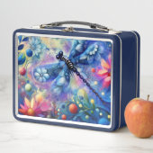 抽象芸術お洒落ドラゴンフライフローラティール（緑がかった色）ブルーピンク メタルランチボックス (インサイチュ)