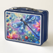 抽象芸術お洒落ドラゴンフライフローラティール（緑がかった色）ブルーピンク メタルランチボックス (裏面)