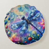 抽象芸術お洒落ドラゴンフライフローラティール（緑がかった色）ブルーピンク ラウンドクッション (裏面)