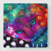 抽象芸術お洒落ドリーミーキティキャットティール(緑がかった色)パープル スクエア壁時計 (正面)