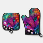 抽象芸術お洒落ドリーミーキティキャットティール（緑がかった色）パープル 鍋つかみ&鍋敷きセット (正面)