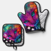 抽象芸術お洒落ドリーミーキティキャットティール（緑がかった色）パープル 鍋つかみ&鍋敷きセット (正面/裏面)