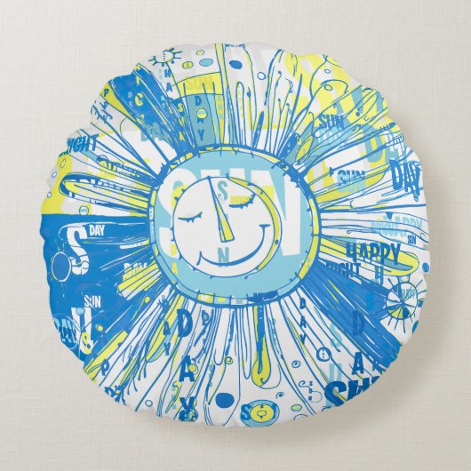 抽象芸術お洒落ハッピーサンワードアート ラウンドクッション (正面)