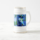抽象芸術お洒落フクロウフローラフラワーブルーグリーン ビールジョッキ (正面右)