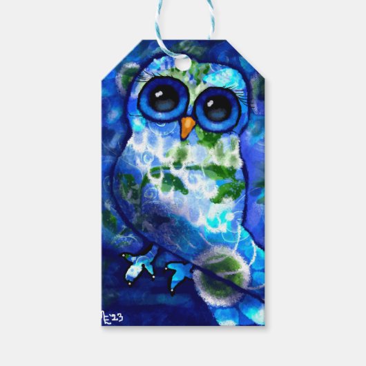 抽象芸術お洒落フクロウブルーグリーンフローラ ギフトタグ (正面)