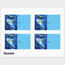 抽象芸術お洒落フクロウブルーグリーンフローラ 長方形シール