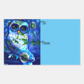 抽象芸術お洒落フクロウブルーグリーンフローラ 長方形シール (正面)