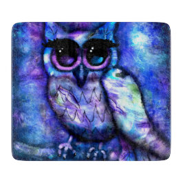 抽象芸術お洒落フクロウ大目ブルーパープル カッティングボード