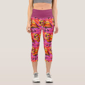 抽象芸術お洒落フラミンゴピンクオレンジフローラ カプリレギンス (正面)