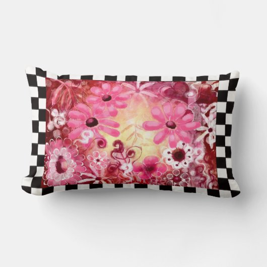 抽象芸術お洒落フローラ絵を描ズアートピンクレッド ランバークッション (正面)