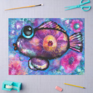 抽象芸術お洒落大目の魚ティール（緑がかった色）ピンクフローラ 薄葉紙