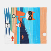 抽象芸術お洒落猫魚釣りをボートのモノグラム フリースブランケット (正面(横))