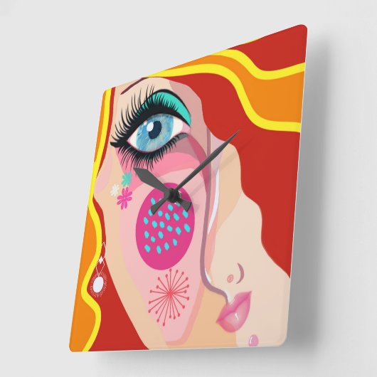 抽象芸術お洒落顔アイレッド黄色のパターン スクエア壁時計 (傾斜)