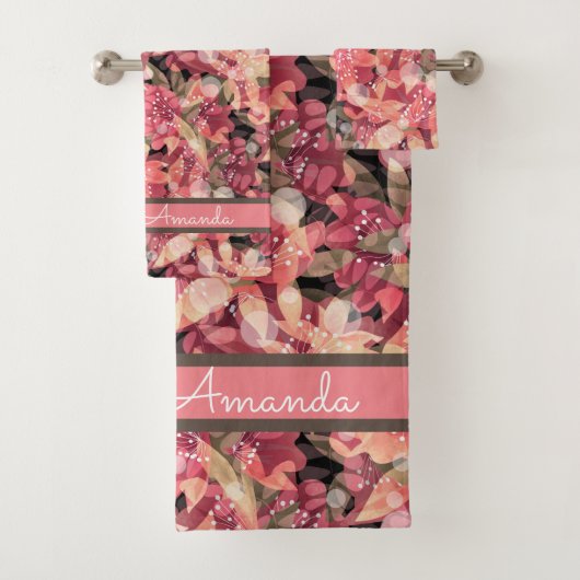 抽象芸術かわいい美しいピンクの花フローラデザイン バスタオルセット (インサイチュ)