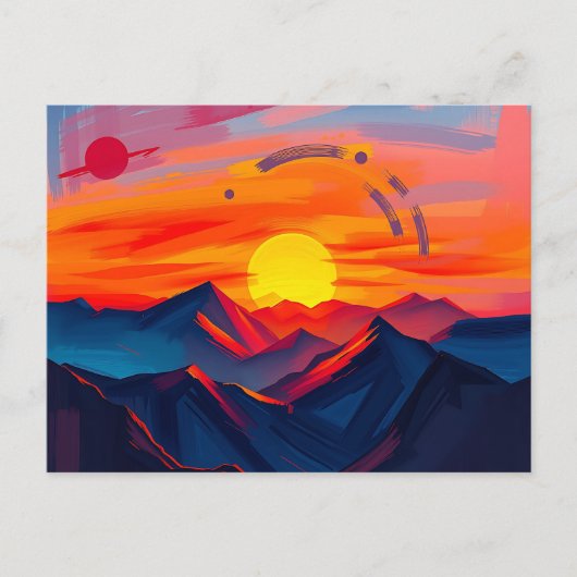 抽象芸術が燃える山の夕日 ポストカード (正面)