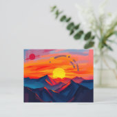 抽象芸術が燃える山の夕日 ポストカード (スタンド正面)