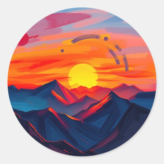 抽象芸術が燃える山の夕日 ラウンドシール (正面)