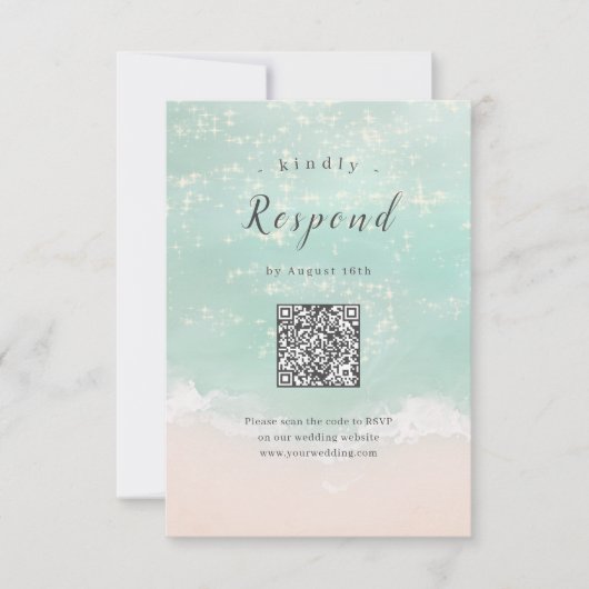抽象芸術きらめく海ビーチ結婚式QRコード 出欠カード (正面)