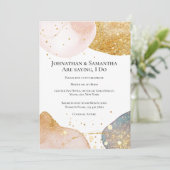 抽象芸術きらめく金ゴールドピンクブルーグリッター 招待状 (スタンド正面)