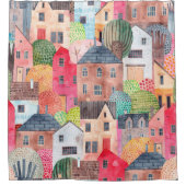 抽象芸術と家のシームレスなパターン。水彩  シャワーカーテン (正面)