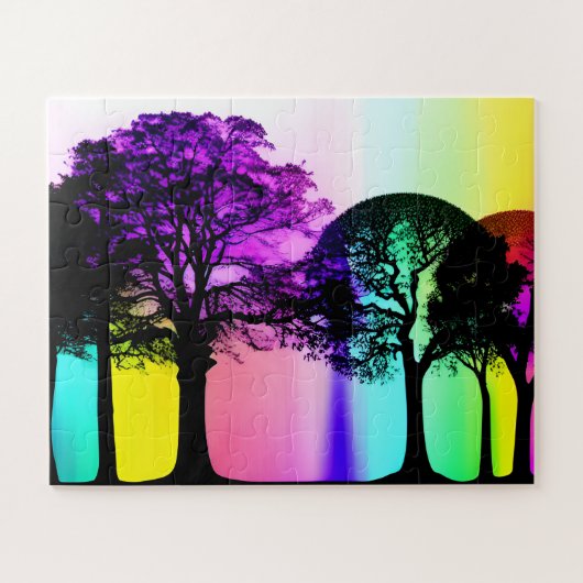 抽象芸術のシルエットの木(虹の背景) ジグソーパズル (横)