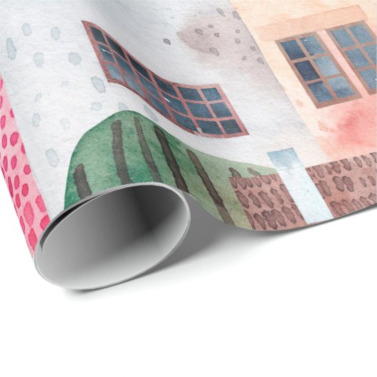 抽象芸術のシームレスなパターンと家。水彩画 ラッピングペーパー (ロールコーナー)