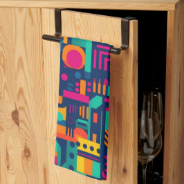 抽象芸術のネオン色と幾何学的なボヘミアの形 キッチンタオル