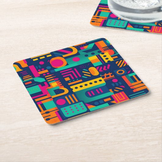 抽象芸術のネオン色と幾何学的なボヘミアの形 スクエアペーパーコースター (アングル)