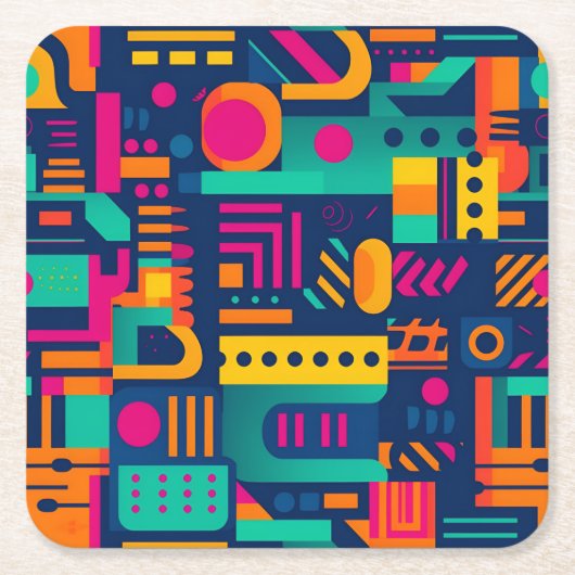 抽象芸術のネオン色と幾何学的なボヘミアの形 スクエアペーパーコースター (正面)