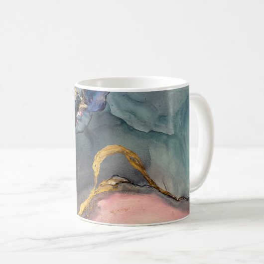 抽象芸術のピンクブルーの背景に美しい香りがする コーヒーマグカップ (正面右)