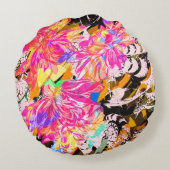 抽象芸術のフォークと動物のパターン黒ピンクの金ゴールド ラウンドクッション (裏面)