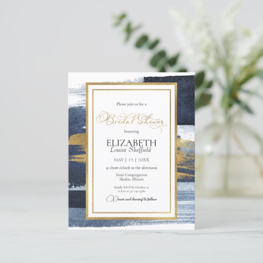 抽象芸術のブライダルシャワー招待 |金ゴールドネイビーブルー (スタンド正面)