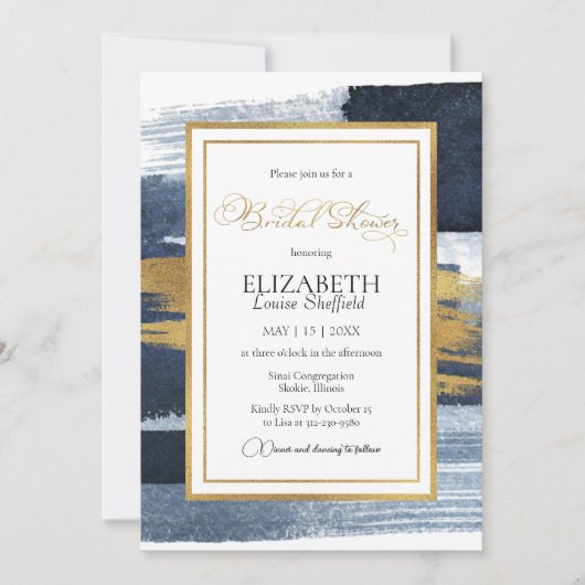 抽象芸術のブライダルシャワー招待 |金ゴールドネイビーブルー 招待状 (正面)